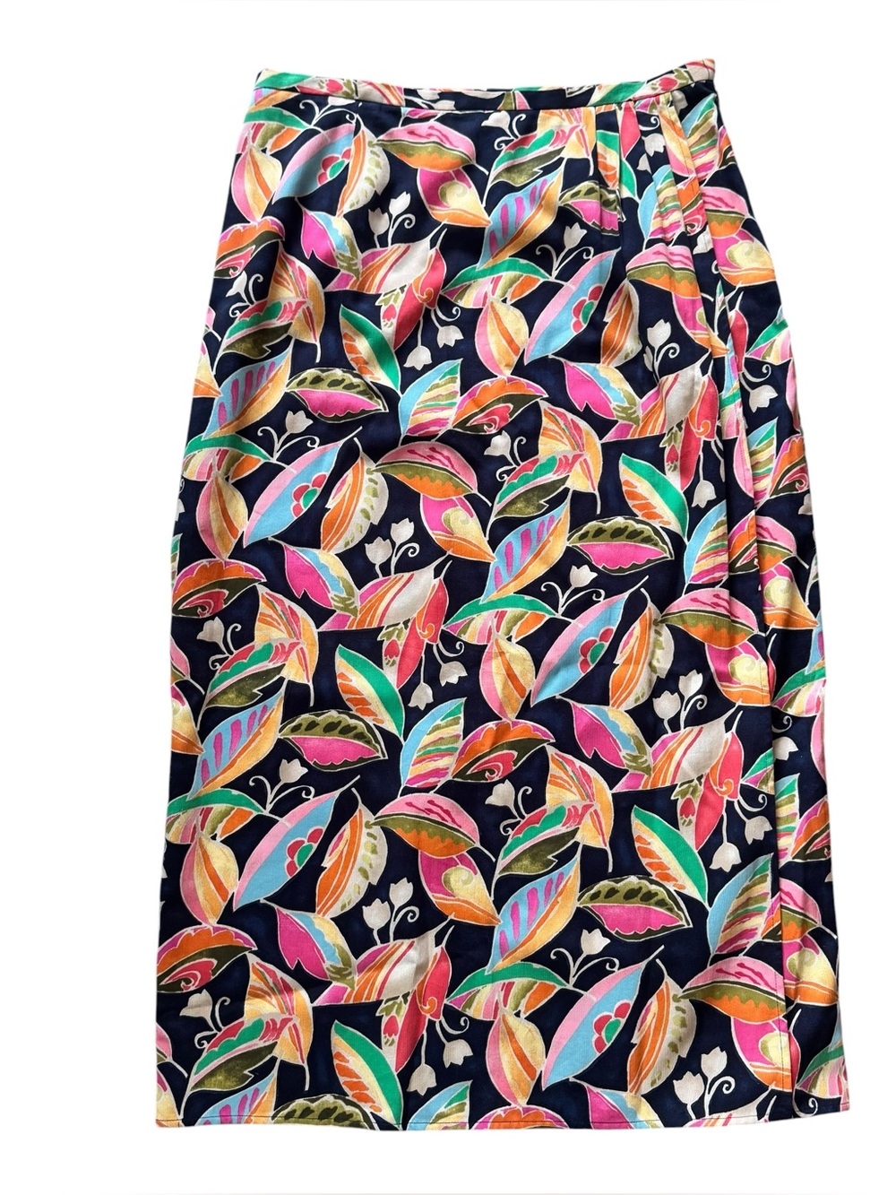 Vtg Talbots Petites Bright Floral On Navy Blue Long Wrap Skirt All Cotton 14 14P